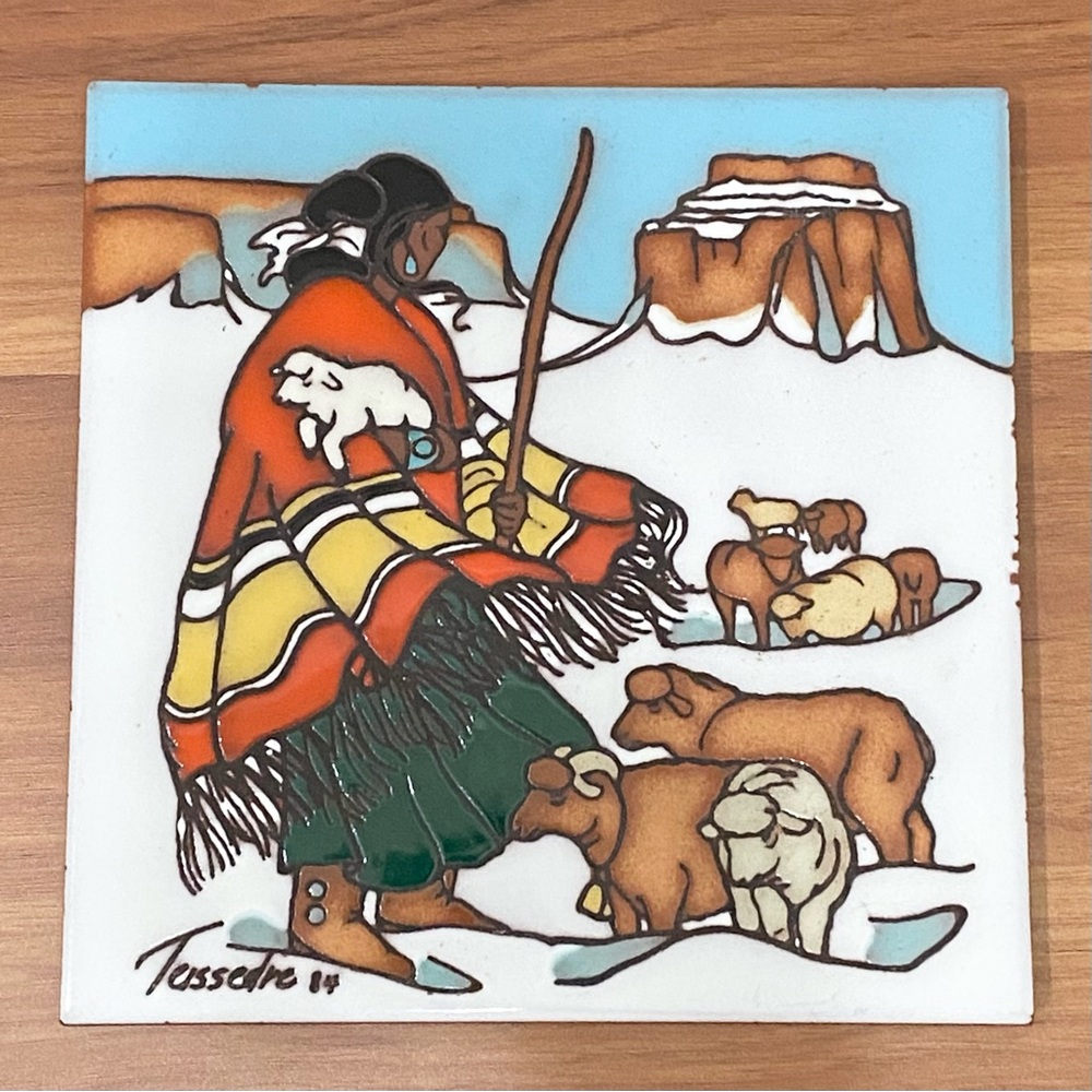 Vintage ‘84 CLEO TEISSEDRE Native American Handpainted Ceramic Tile Wall Plaque